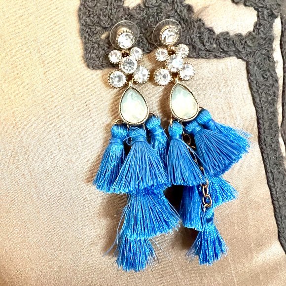 Gorgeous Vibrant Multi Tiered Drop Blue Tassel Earrings with Crystal Rhinestone - Picture 5 of 9